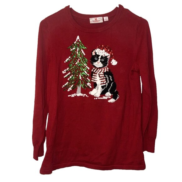 Quacker Factory Christmas Sweater Embroidered Kitty Cat with Sequin Tree Size XS - Picture 1 of 4